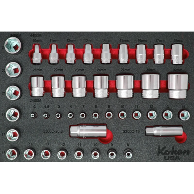 1/4", 3/8", 1/2" Sq. Dr. Socket Set Metric in Foam - 43 Pieces Red Foam