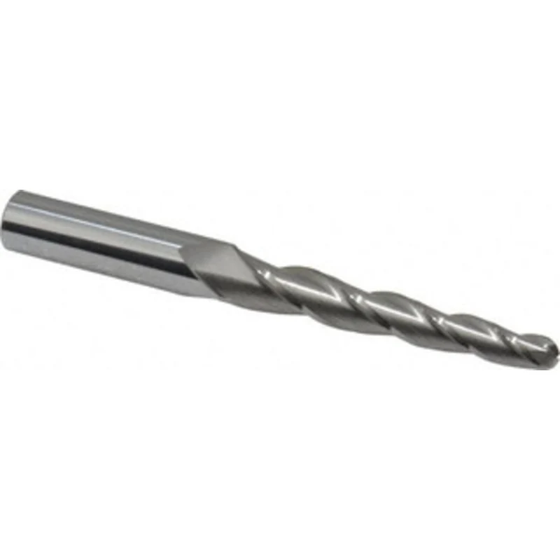 Accupro 2 per Side 1/4 Small End Diam 2-1/4 LOC 3-Flute Solid Carbide Tapered Ball End Mill Uncoated, 7/16 Shank Diam...