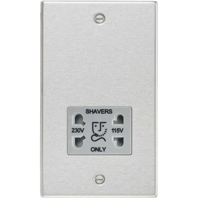 KnightsBridge 115/230V Dual Voltage Shaver Socket with Grey Insert - Square Edge Brushed Chrome