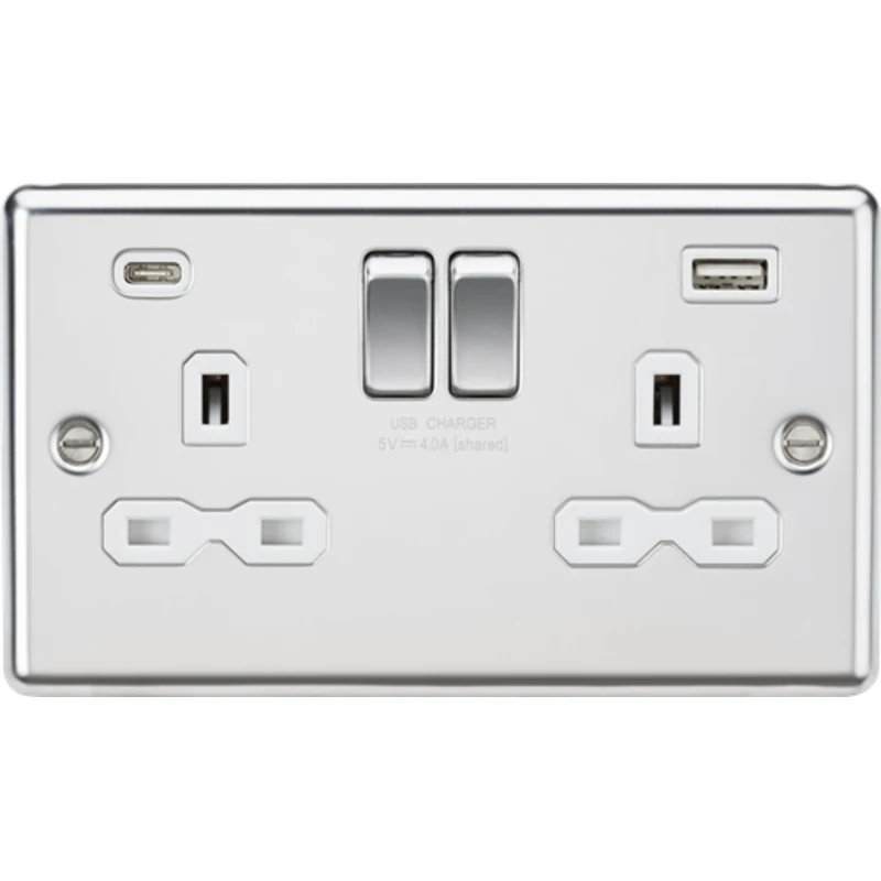 KnightsBridge 13A 2G SP Raised Round Edge Switched Socket with Dual USB C+A - Polished Chrome, White Insert