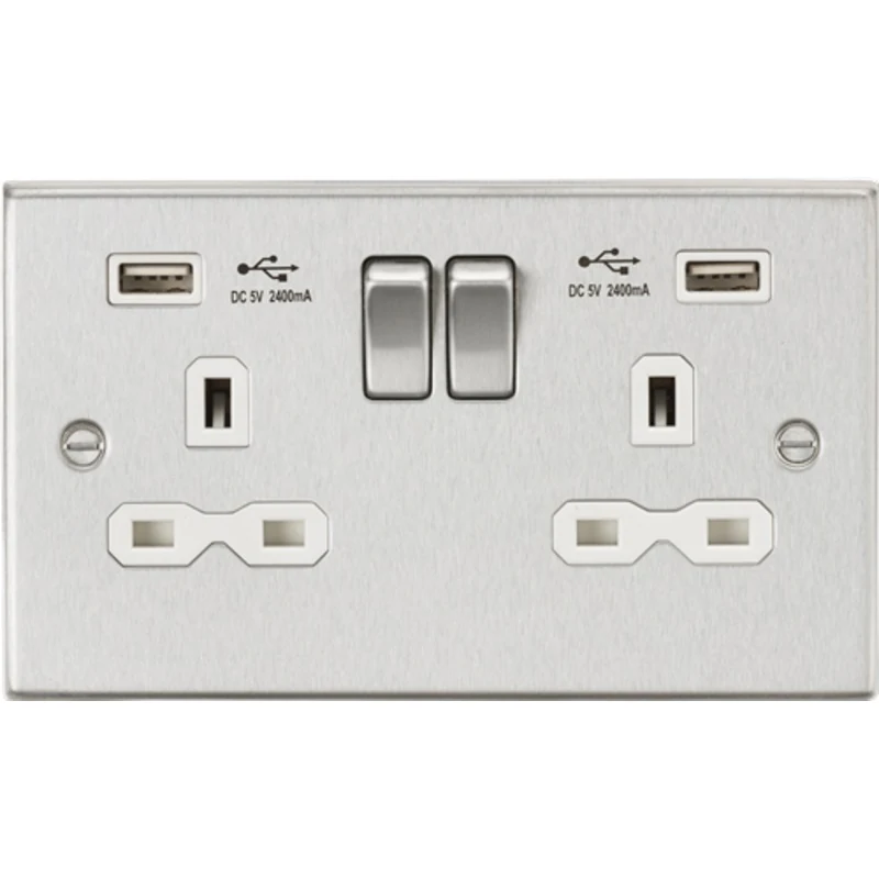 KnightsBridge 13A 2G Square Edge switched socket with dual USB charger A + A (2.4A) - Brushed chrome, white insert