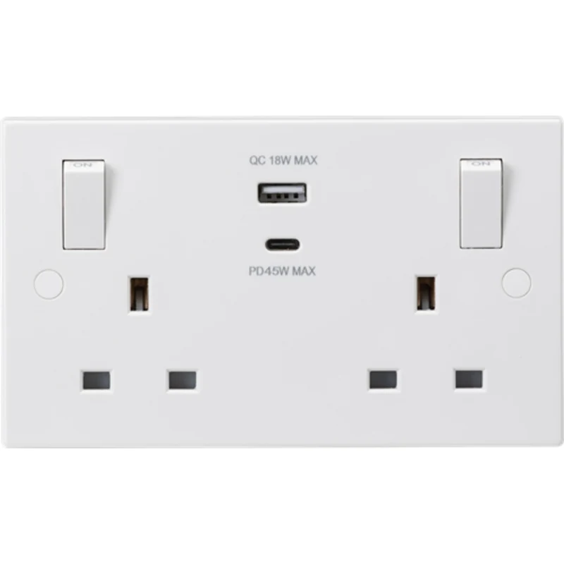 KnightsBridge 13A 2G Switched socket with outboard rockers and dual USB (A+C) QC18W / USB-PD 45W