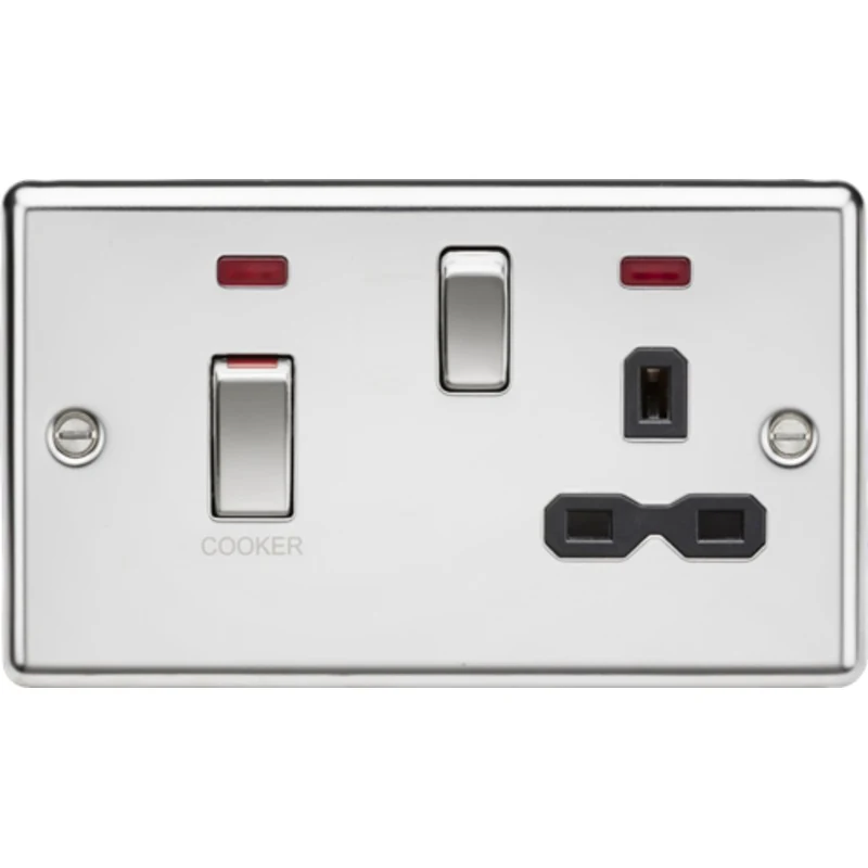 KnightsBridge Decorative 45A DP Switch and 13A Switched Socket with Neons - Polished Chrome with Black Insert
