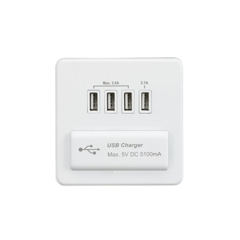KnightsBridge Screwless Quad USB Charger Outlet (5.1A) - Matt White with White Insert