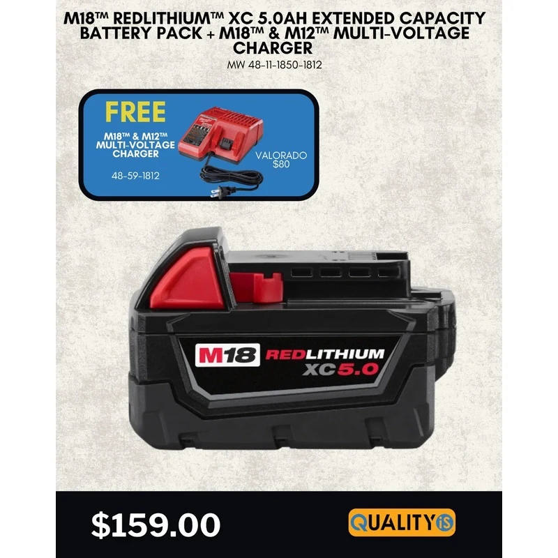 M18 REDLITHIUM XC 5.0Ah Extended Capacity Battery Pack + M18 & M12 Multi-Voltage Charger