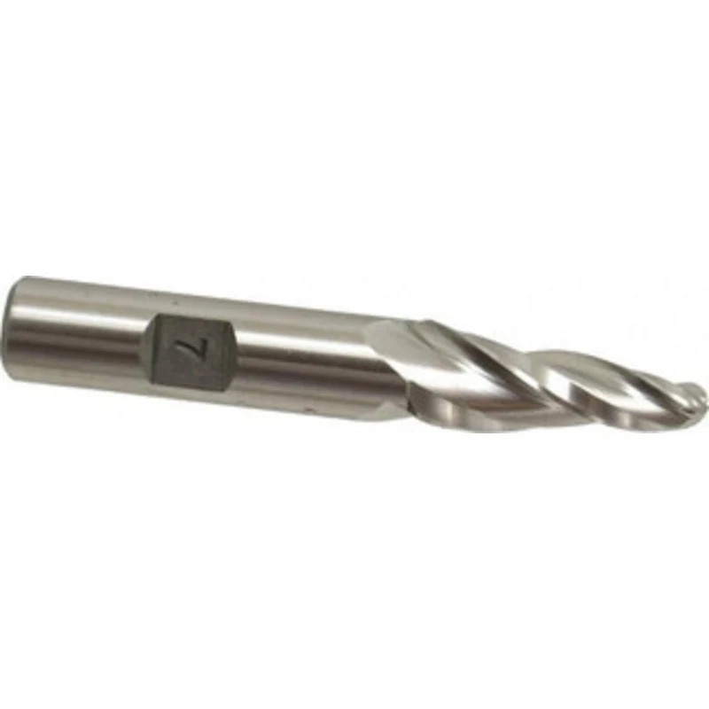Made in USA 7 per Side 1/4 Small End Diam 1-1/4 LOC 3-Flute High Speed Steel Tapered Ball End Mill 1/2 Shank Diam, 3-...