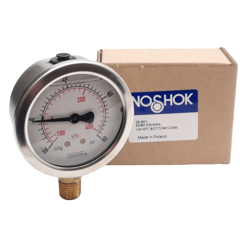 New NOSHOK 25-901-30/60-PSI/KPA Pressure Gauge, 2-1/2in, -30inHg~60PSI, 1/4in NPT