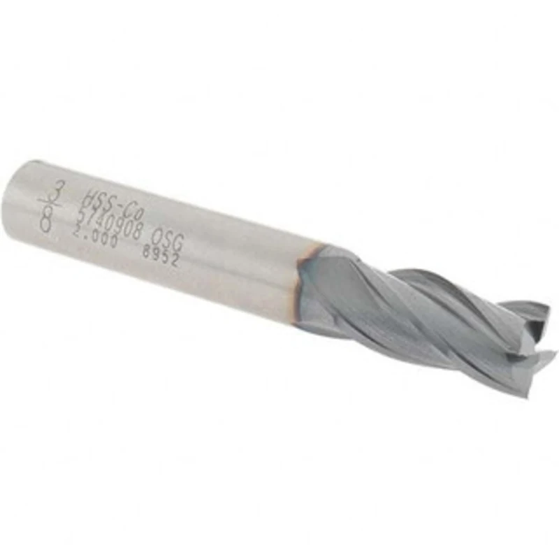 OSG 3/8, 3/4 LOC, 3/8 Shank Diam, 2-1/2 OAL, 4 Flute, Vanadium High Speed Steel Square End Mill Single End, TiCN Fini...