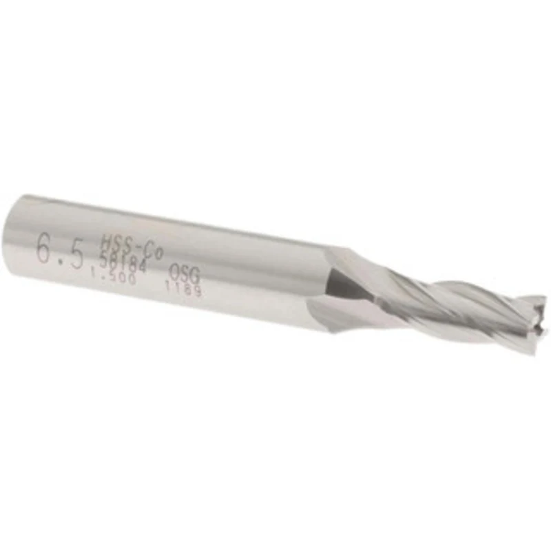OSG 6.5mm, 5/8 LOC, 3/8 Shank Diam, 2-7/16 OAL, 4 Flute, Cobalt Square End Mill Single End, Uncoated, Spiral Flute, 3...