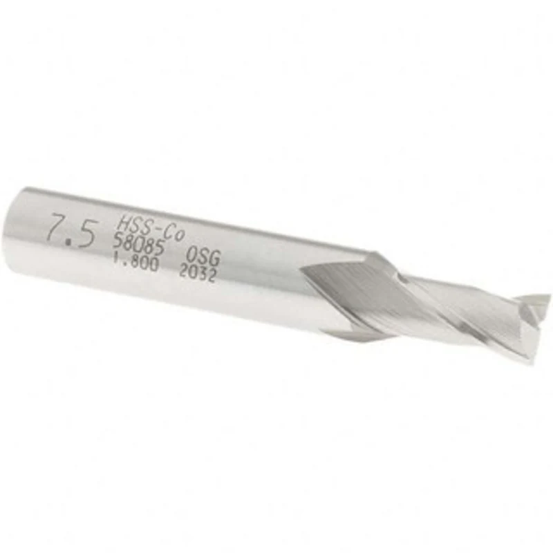 OSG 7.5mm, 9/16 LOC, 3/8 Shank Diam, 2-5/16 OAL, 2 Flute, Cobalt Square End Mill Single End, Uncoated, Spiral Flute, ...