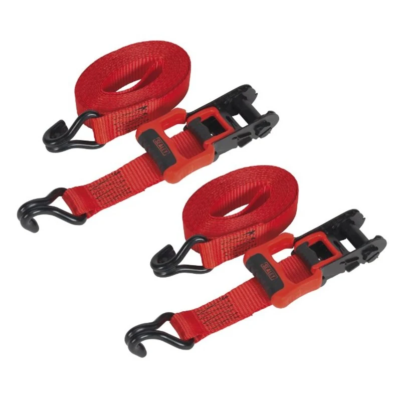 Sealey Ratchet Straps 32mm x 4.9M Polyester Webbing, J-Hooks 1200kg Breaking Strength - 2 Pairs