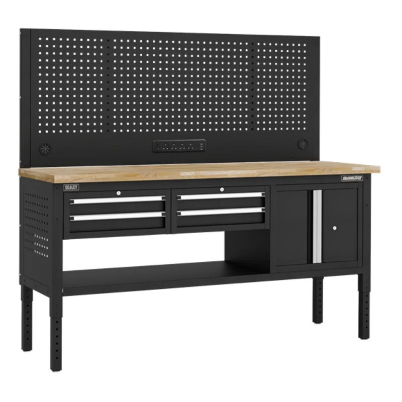 Superline PRO Modular Workbench with 4 Drawers & Cupboard Wooden Worktop 1830mm - SE-APMWB72COMBO1W